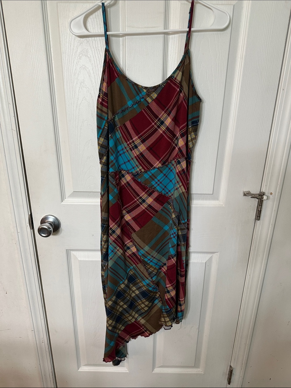 Cato Plaid Asymmetrical Slip Dress in Teal, Burgundy & Brown